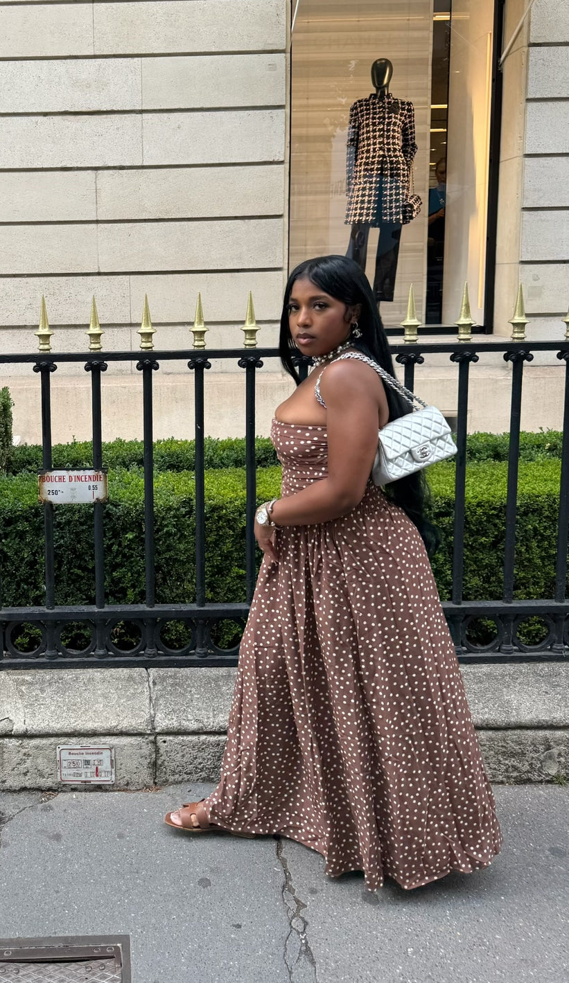 princess polly baby blue dress Nellie Maxi Dress Brown Polka Dot Curve – Dress Rentals by Neish